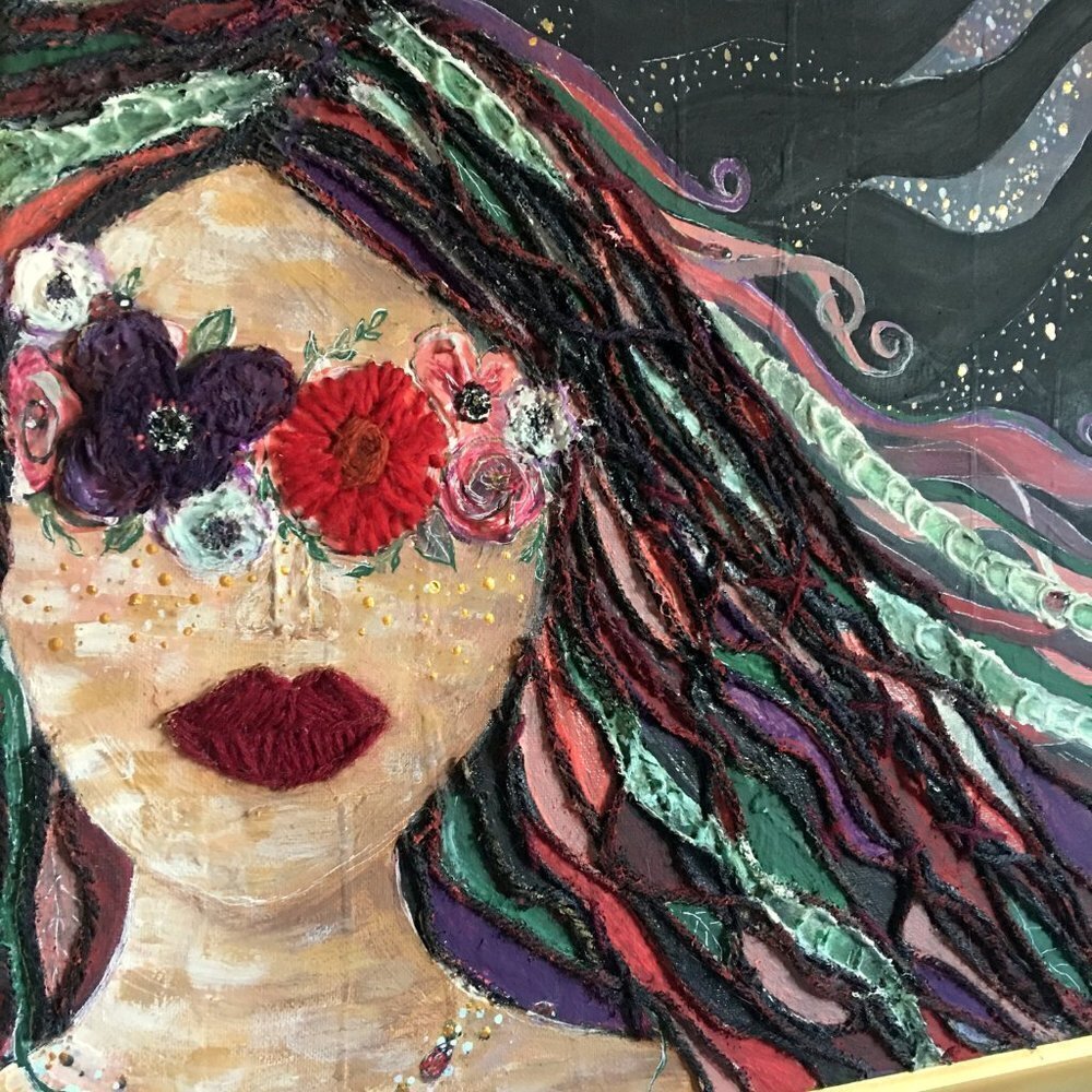 Boho Painting with Embroidered Flowers, Girl Mother Nature Art, Witchy Decor - Picture 4 of 12